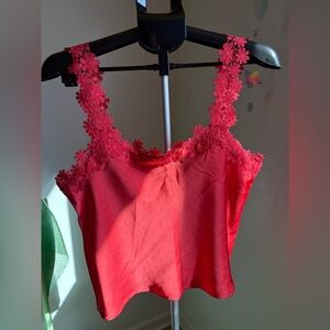 Anthropologie Blue Tassel Red Floral Lace Strap Tank Top M Medium